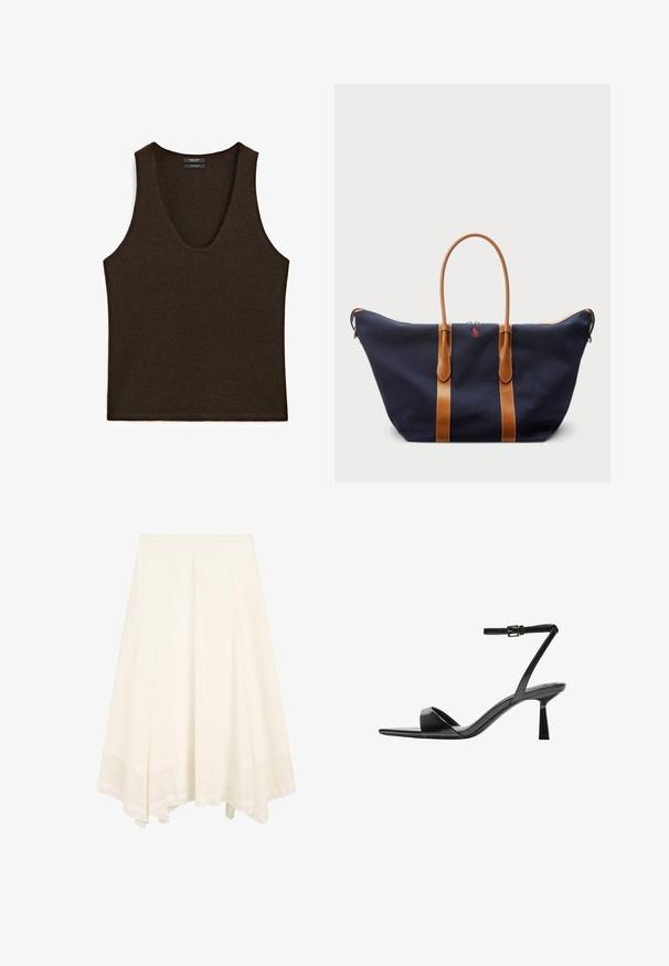 Søløs mørkebrun cashmere tanktop med rund udskæring, laid flat.; Hvid A-line midi nederdel med flagrende bund og subtile lodrette sømme, med et tekstureret bredt kantbånd.; Bershka Højhælede sandaletter / Højhælede sandaler - black; Marineblå canvas sporttaske med lysebrune læderremme, lynlås lukning og lille rød logo detalje på forsiden, udstyret med et bredt og rummeligt design.