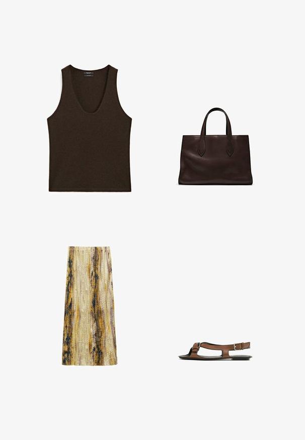 Ärmös mörkbrun kashmir tank top med rundad halslinning, utlagd platt.; Uppblåst midi kjol gjord av texturerat tyg med vågiga mönster i gult, lila och blått, med en naturlig drapering.; Brun lädersandal med öppen tå och sidoklipp. Har en ankelrem med en metallspänne och en platt sula.; Brun läder tote-väska med två avlånga handtag, strukturerad rektangulär form, slät textur och subtila sömdetaljer.