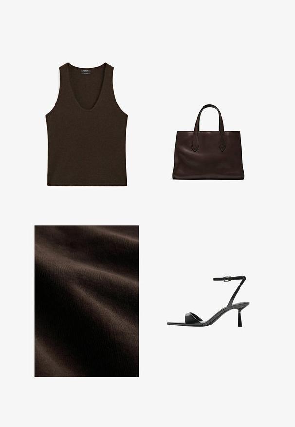 Ärmelloses, dunkelbraunes Cashmere-Top mit Rundhalsausschnitt, flach ausgelegt.; Dunkelbrauner Stoff mit glatter Oberfläche, der feine Rillen und Wellen aufweist und so Tiefe und Dimension in das Material bringt.; Bershka High Heel Sandalette - black; Braune Ledertasche mit zwei langen Griffen, strukturierte rechteckige Form, glatte Textur und dezente Nähdetails.