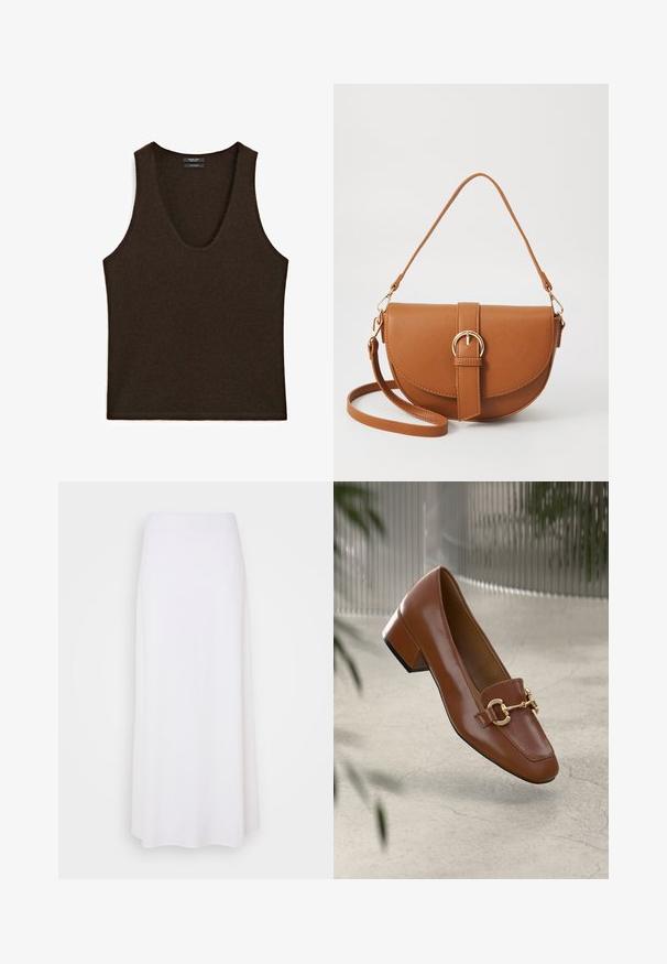 Sleeveless dark brown cashmere tank top with scoop neckline, laid flat.; White maxi skirt made of lightweight fabric with a smooth texture, featuring a simple, A-line design and no visible embellishments.; Brown patent leather loafer with square toe, metallic chain accent, and low block heel; smooth texture, minimalist design.; Brown leather crossbody bag with a curved shape, gold hardware, and a buckle accent. Features a detachable shoulder strap.