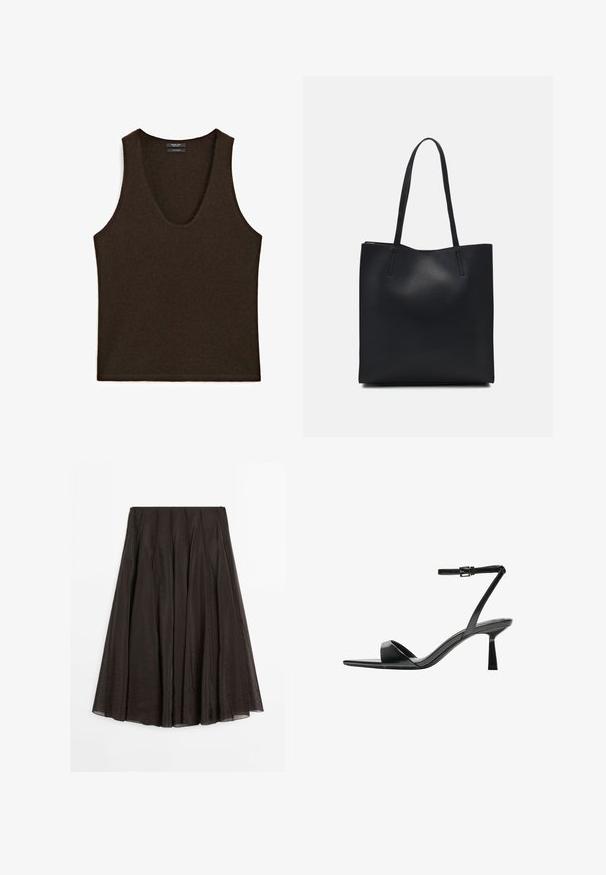Ärmelloses, dunkelbraunes Cashmere-Top mit Rundhalsausschnitt, flach ausgelegt.; Dunkelbrauner A-Linien-Midirock mit vertikalen Nahtdetails, leichtem Stoff und einem Reißverschlussverschluss auf der Rückseite.; Bershka High Heel Sandalette - black; Schwarze Laptoptasche aus Leder mit glatter Textur, rechteckiger Form und zwei langen Griffen. Keine sichtbaren Beschläge oder Verzierungen.