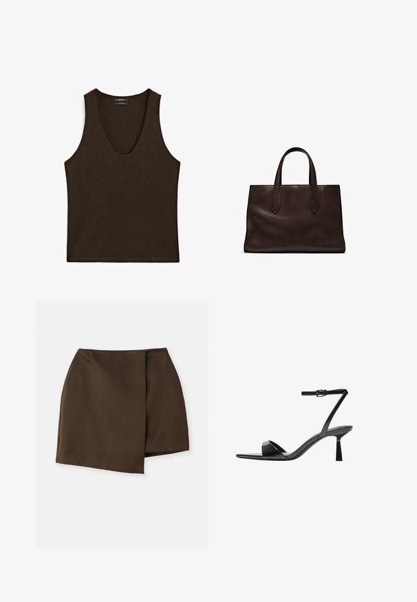 Débardeur sans manches en cachemire marron foncé avec encolure arrondie, posé à plat.; By Malene Birger RAYE - Minijupe - dark mahogany; Bershka Sandales à talons hauts - black; Sac tote en cuir marron avec deux poignées allongées, forme rectangulaire structurée, texture lisse et détails de couture subtils.