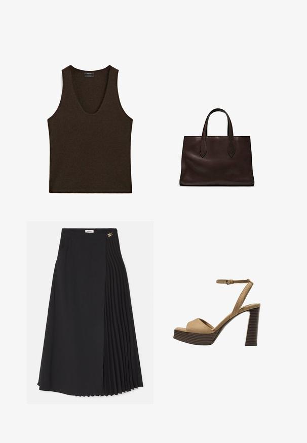 Bezrukávový tmavě hnědý kašmírový top s výstřihem do U, položený na rovné ploše.; Černá midi sukně s plisovaným designem na jedné straně, vyrobená z lehkého materiálu, se skrytým zipem a bočními kapsami.; Bežové semišové sandály na vysokém podpatku s širokým předním páskem a páskem kolem kotníku, s masivním dřevěným blokovým podpatkem s texturovaným povrchem.; Hnědá kožená taška přes rameno s dvěma dlouhými uchy, strukturální obdélníkový tvar, hladká textura a jemné švy.