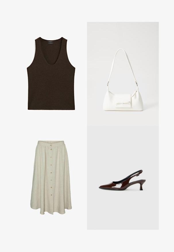 Søløs mørkebrun cashmere tanktop med rund udskæring, laid flat.; Knælang beige nederdel lavet af tekstureret stof med knaplukning foran, elastisk talje og en flydende design.; Brun patenteret læder slingback sko med spids tå og en moderat hæl. Har en spænde rem for en sikker pasform. Glat tekstur.; Hvid syntetisk håndtaske med en trekantet form, flad forsideklap og sløjfedetalje, justerbar strop, glat tekstur og minimalistisk design.