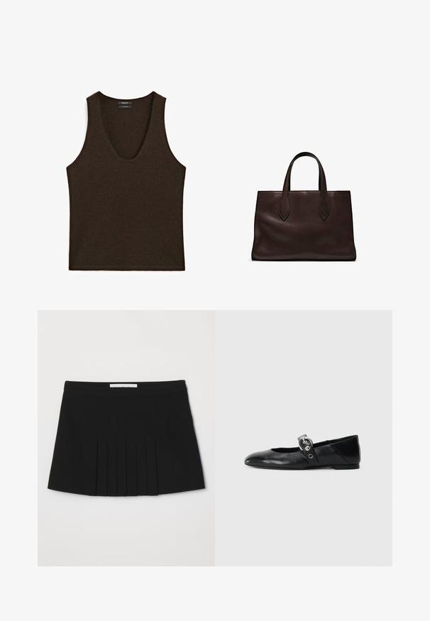 Ärmelloses, dunkelbraunes Cashmere-Top mit Rundhalsausschnitt, flach ausgelegt.; Schwarzer plissierter Rock mit einem glatten Bund. Hergestellt aus einem leichten Stoff, der vertikale Falten aufweist, die Textur und Detail hinzufügen.; Schwarze Ballettflat mit spitzer Spitze, ausgestattet mit einem Riemen und einer runden, metallischen Schnalle sowie einer flachen Sohle.; Braune Ledertasche mit zwei langen Griffen, strukturierte rechteckige Form, glatte Textur und dezente Nähdetails.
