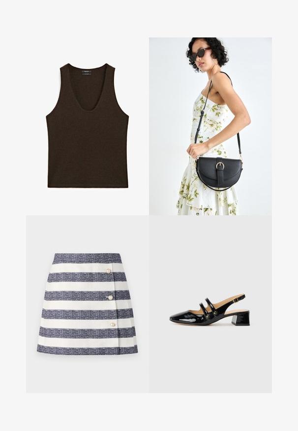 Bezrukávový tmavě hnědý kašmírový top s výstřihem do U, položený na rovné ploše.; Pruhovaná áčková sukně v námořnické modré a bílé barvě, vyrobená z strukturovaného materiálu. Obsahuje tři perlové knoflíky na boku.; Černá lakovaná slingback obuv s špičatou špičkou, dvěma popruhy, zlatými kruhovými detaily a nízkým blokovým podpatkem.; Černá kožená kabelka s křivkovým tvarem, odnímatelným popruhem a zlatými detaily. Kabelka má klopu s přezkou.