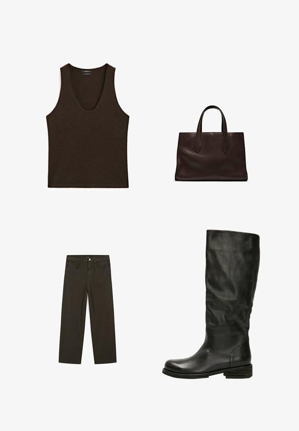 Ärmelloses, dunkelbraunes Cashmere-Top mit Rundhalsausschnitt, flach ausgelegt.; Dunkelgrüne Jeans im weit geschnittenen Style, hergestellt aus einem Baumwollgemisch. Sie verfügen über einen Frontknopfverschluss, fünf Taschen und klassische Denim-Nähte.; Felmini Stiefel - black; Braune Ledertasche mit zwei langen Griffen, strukturierte rechteckige Form, glatte Textur und dezente Nähdetails.