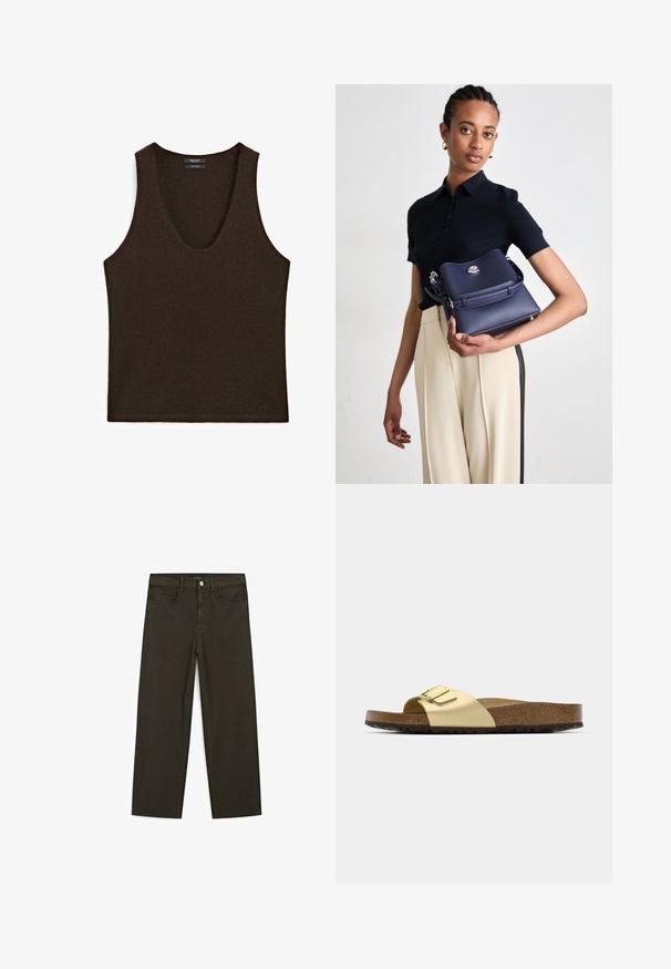 Bezrukávový tmavě hnědý kašmírový top s výstřihem do U, položený na rovné ploše.; Tmavě zelené široké džínsy vyrobené z bavlněné směsi, s předním zapínáním na knoflík, pěti kapsami a klasickým denimovým stehem.; Zlaté syntetické skluzavkové sandály s jedním páskem a akcentem s přezkou, vybavené hnědým korekovým stélkou a texturovanou gumovou podešví.; Námořnická kožená kabelka s texturovaným povrchem, stříbrným kováním a jednoduchým uzávěrem. Model ji drží proti neutrálnímu pozadí.