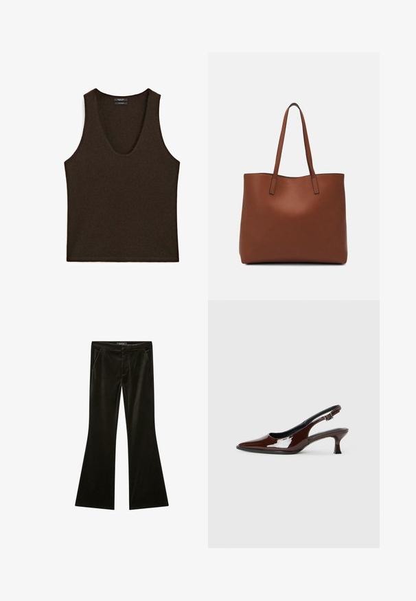 Sleeveless dark brown cashmere tank top with scoop neckline, laid flat.; Black, flared trousers made of soft velvet with a smooth texture; features front pockets and a fitted waistband.; Brown patent leather slingback shoe with a pointed toe and a moderate heel. Features a buckle strap for secure fit. Smooth texture.; Brown leather tote bag with a smooth texture, open top design, and two shoulder straps. Features minimal stitching and no visible hardware.