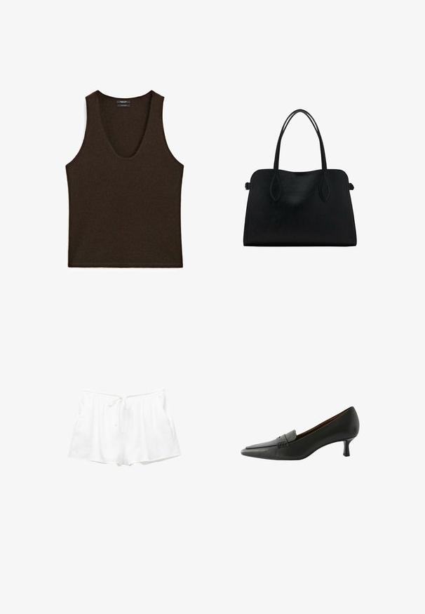 Débardeur sans manches en cachemire marron foncé avec encolure arrondie, posé à plat.; Shorts en coton blanc avec une taille élastique, un cordon de serrage ajustable et des poches latérales. Texture douce et design simple avec une coupe ample.; Chaussure à talons en cuir noir avec un bout pointu et une sangle décorative. Dotée d'un talon stiletto bas et d'une texture lisse.; Sac à main en cuir noir avec deux anses, de forme rectangulaire et au design minimaliste sur un fond blanc.