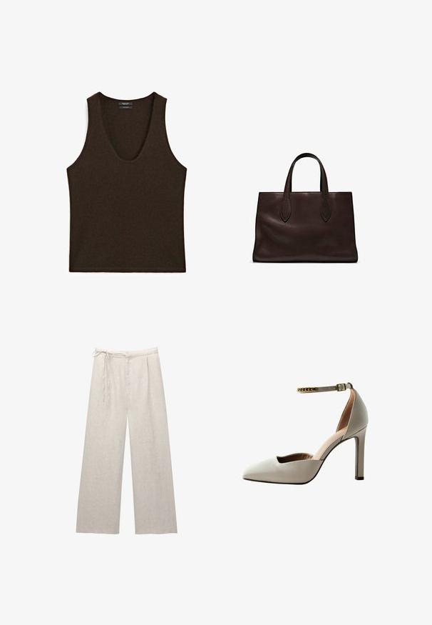 Mouwloze donkerbruine kasjmieren tanktop met ronde hals, plat gelegd.; Lichtbeige linnen wijde broek met een hoge taille, plooien en een verstelbaar koord. De gladde textuur en strakke lijnen verbeteren het ontwerp.; Lichtgrijze hoge hak schoen met een puntige neus, open vamp ontwerp, enkelbandje en gouden kettingaccent. Gladde leren textuur.; Bruine leren tote bag met twee verlengde handvatten, gestructureerde rechthoekige vorm, gladde textuur en subtiele stiksels.