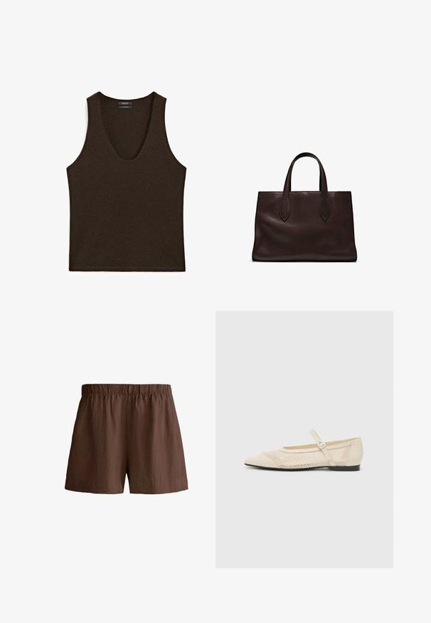 Bezrękawnik w ciemnym brązie z kaszmiru, z okrągłym dekoltem, leżący płasko.; Brązowe szorty z elastyczną talią, wykonane z lekkiego materiału. Projekt charakteryzuje się luźnym krojem i prostym wykończeniem.; Beżowe baleriny z wąskim noskiem, pokryte koronkowym wzorem oraz bocznym zapięciem na klamrę. Płaska podeszwa o gładkiej fakturze.; Brązowa skórzana torba tote z dwoma wydłużonymi uchwytami, usztywnionym prostokątnym kształtem, gładką teksturą i subtelnymi detalami przeszycia.