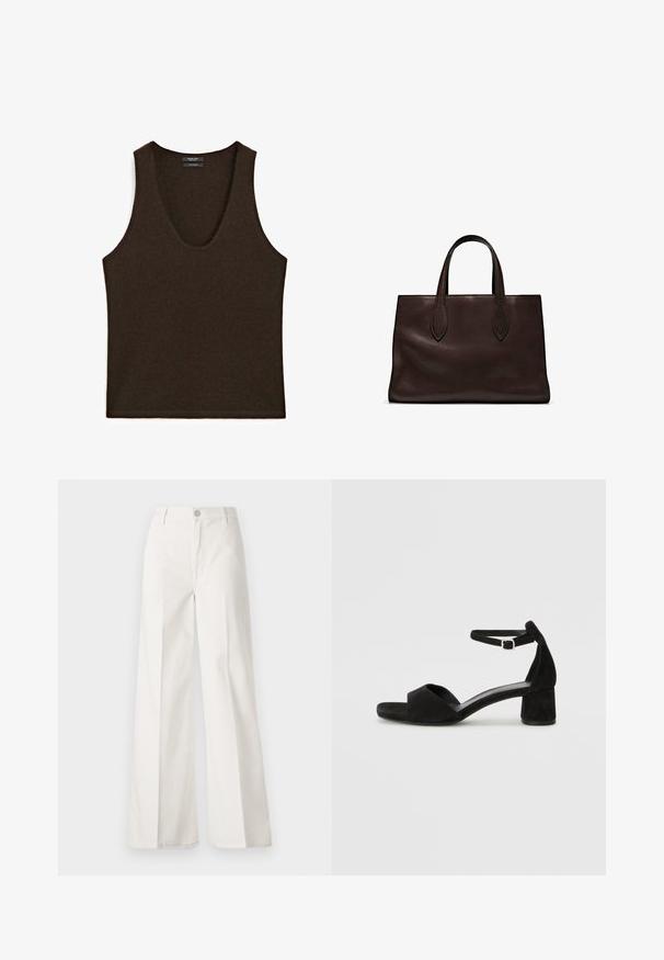 Bezrukávový tmavě hnědý kašmírový top s výstřihem do U, položený na rovné ploše.; Bílé volné kalhoty vyrobené z bavlny s hladkou texturou. Obsahují přední knoflík, zip a design se čtyřmi kapsami.; Černé sametové sandály na podpatku s tenkým řemínkem kolem kotníku, otevřenou špičkou a skromným blokovým podpatkem. Hladká textura a minimální akcenty.; Hnědá kožená taška přes rameno s dvěma dlouhými uchy, strukturální obdélníkový tvar, hladká textura a jemné švy.