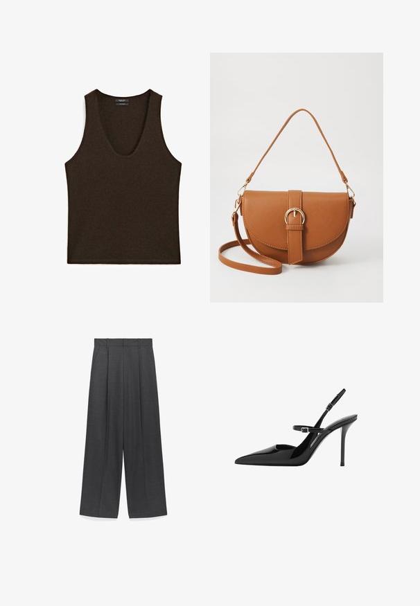Sleeveless dark brown cashmere tank top with scoop neckline, laid flat.; Wide-leg trousers in dark gray fabric, featuring a smooth texture, front pleats, and a standard waistband with belt loops.; Black patent leather slingback high heels with a pointed toe, adjustable strap, and stiletto heel. Smooth surface with shiny finish.; Brown leather crossbody bag with a curved shape, gold hardware, and a buckle accent. Features a detachable shoulder strap.