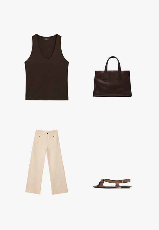 Mouwloze donkerbruine kasjmieren tanktop met ronde hals, plat gelegd.; Beige wijde broek van zacht katoen, met twee diepe voorzakken met zilverkleurig beslag, rechte pasvorm en net afgewerkte zomen.; Bruine leren sandaal met een open teen en zijuitsparingen. Voorzien van een enkelband met een metalen gesp en een platte zool.; Bruine leren tote bag met twee verlengde handvatten, gestructureerde rechthoekige vorm, gladde textuur en subtiele stiksels.