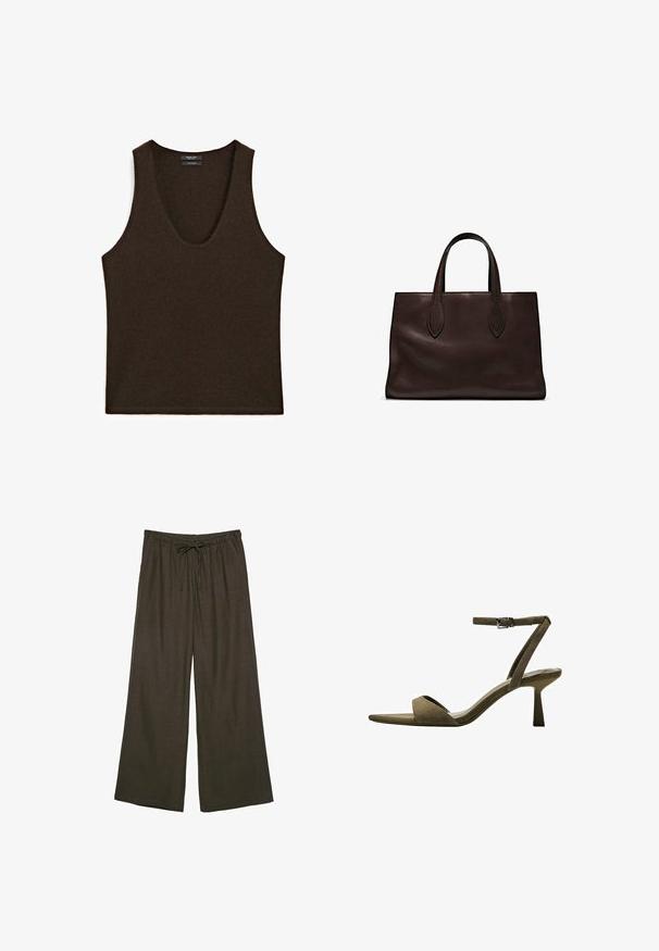Top senza maniche in cashmere marrone scuro con scollatura a girocollo, posato in piano.; Pantaloni larghi di colore marrone scuro con vita elastica e cordoncino regolabile. Realizzati in un tessuto morbido e leggero.; Bershka WITH ANKLE STRAP - Sandali - mottled green; Borsa a spalla in pelle marrone con due manici lunghi, forma rettangolare strutturata, texture liscia e dettagli di cucitura sottili.