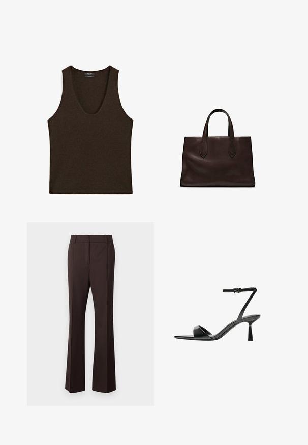 Ärmelloses, dunkelbraunes Cashmere-Top mit Rundhalsausschnitt, flach ausgelegt.; Samsøe Samsøe SALOT TROUSERS - Stoffhose - chocolate torte; Bershka High Heel Sandalette - black; Braune Ledertasche mit zwei langen Griffen, strukturierte rechteckige Form, glatte Textur und dezente Nähdetails.
