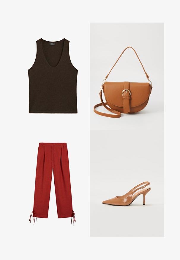 Sleeveless dark brown cashmere tank top with scoop neckline, laid flat.; Red wide-leg pants with elastic waistband and drawstring ties at the hems, made of lightweight fabric.; Pointed toe slingback heel in a smooth, glossy tan material. Features a curved cutout design and a slender stiletto heel. Silver buckle detail.; Brown leather crossbody bag with a curved shape, gold hardware, and a buckle accent. Features a detachable shoulder strap.