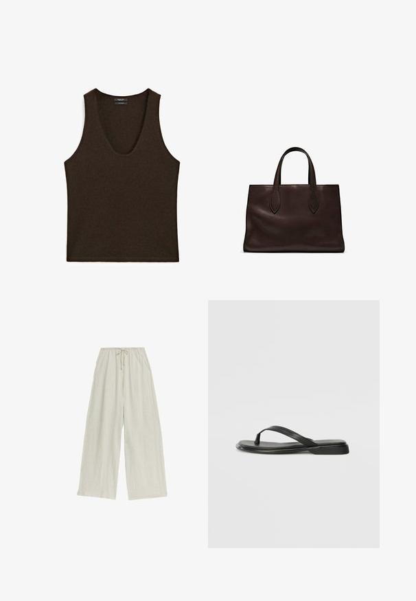 Bezrękawnik w ciemnym brązie z kaszmiru, z okrągłym dekoltem, leżący płasko.; Lnurowe spodnie o szerokich nogawkach w jasnym beżu z elastycznym pasem i sznurkiem do regulacji. Charakteryzują się luźnym, swobodnym krojem oraz teksturowaną powierzchnią.; Czarne klapki wykonane z gładkiej skóry, z cienkim paskiem i płaską podeszwą o minimalistycznym profilu. Brak widocznych wzorów lub akcentów.; Brązowa skórzana torba tote z dwoma wydłużonymi uchwytami, usztywnionym prostokątnym kształtem, gładką teksturą i subtelnymi detalami przeszycia.