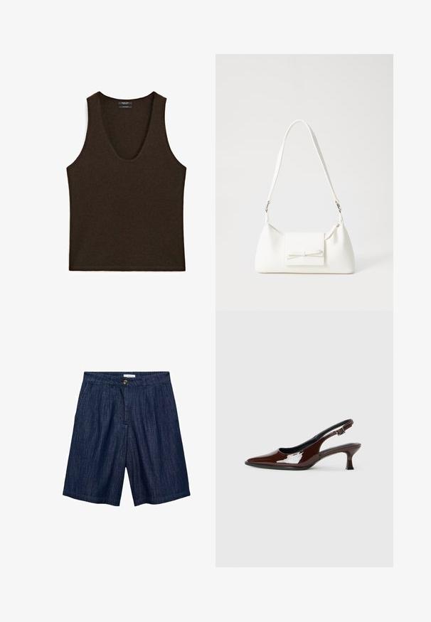 Top senza maniche in cashmere marrone scuro con scollatura a girocollo, posato in piano.; Shorts in denim blu scuro con taglio dritto, pieghe frontali, chiusura a bottone e due tasche laterali. Tessuto liscio con cuciture sottili.; Scarpa slingback in pelle verniciata marrone con punta affusolata e tacco moderato. Presenta una fascia con fibbia per una calzata sicura. Tessuto liscio.; Borsa sintetica bianca a forma triangolare, con patta anteriore piatta e dettaglio a fiocco, tracolla regolabile, texture liscia e design minimalista.
