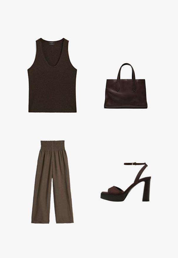 Bezrękawnik w ciemnym brązie z kaszmiru, z okrągłym dekoltem, leżący płasko.; Brązowe lniane spodnie z marszczonym pasem. Szerokie nogawki, lekką strukturą i subtelnym drapowaniem. Brak widocznych wzorów lub dodatków.; Brązowe zamszowe sandały na wysokim obcasie z odkrytymi palcami, regulowanym paskiem na kostce i paskowatą podeszwą.; Brązowa skórzana torba tote z dwoma wydłużonymi uchwytami, usztywnionym prostokątnym kształtem, gładką teksturą i subtelnymi detalami przeszycia.