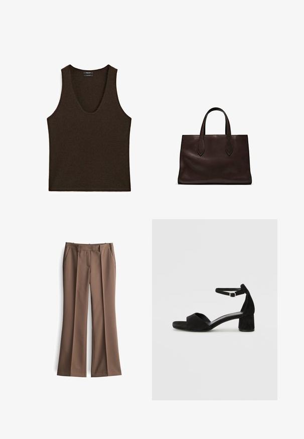Ärmelloses, dunkelbraunes Cashmere-Top mit Rundhalsausschnitt, flach ausgelegt.; Braune ausgestellte Hosen aus strukturiertem Stoff, mit frontalen Falten, zwei seitlichen Taschen und einem normalen Bund, die einen maßgeschneiderten Look erzeugen.; Schwarze Wildleder-Espadrilles mit einem dünnen Knöchelriemen, offener Zehenpartie und moderatem Blockabsatz. Glatte Textur und minimale Akzente.; Braune Ledertasche mit zwei langen Griffen, strukturierte rechteckige Form, glatte Textur und dezente Nähdetails.