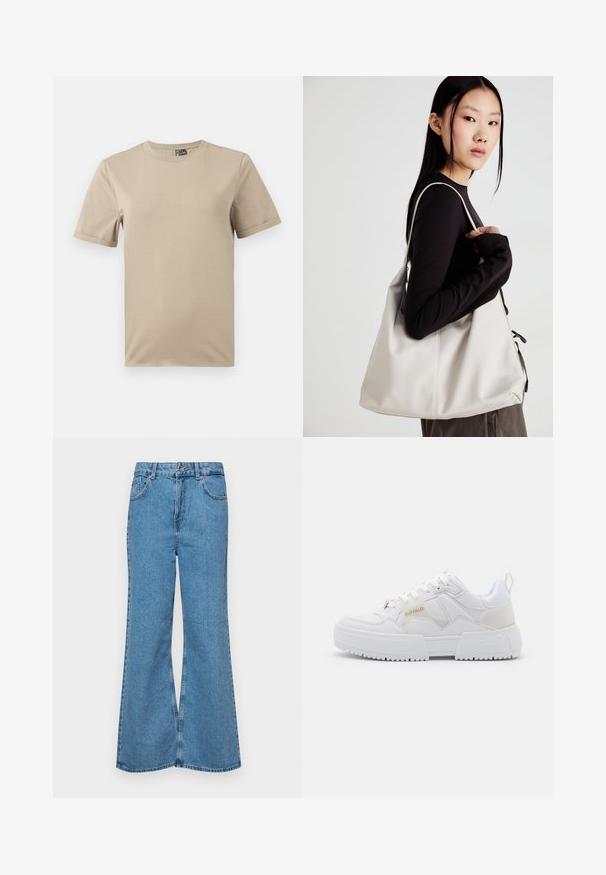 Beež lühikeste varrukatega T-särk, mis on tehtud pehmest kangast. Omab ümmargust kaela ja lihtsat disaini ilma mustrite või aktsentideta.; Heledad sinine flared teksade rõivad, millel on kõrge talje, viis taskut ja üks nupulukk. Pehme tekstuur ja pleekinud viimistlus.; Valged tossud suuremahulise disainiga, mis on valmistatud nahk- ja sünteetilisest materjalist, tekstuursete detailidega, paeladega ja silmapaistva kuldse logoga.; Bež käekott pehme materjali, millel on lõtv disain, õmblustega detailid ja kaks õlarihma. Sobib igapäevaseks kasutamiseks.