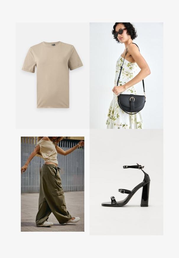 T-shirt bege de manga curta feito de tecido suave. Apresenta um decote redondo e um design simples, sem padrões ou detalhes.; Calças cargo verde-azeitona com grandes bolsos, corte descontraído e cintura com cordão; combinadas com uma blusa listrada bege clara e sapatos brancos de deslizar.; Sandálias de tacão preto laqueadas com bico quadrado, tiras para o tornozelo e fivelas prateadas. Apresentam um salto bloco chunky para estabilidade.; Bolsa de couro preta com forma curva, alça destacável e detalhes em dourado. A bolsa possui uma aba com detalhe de fivela.