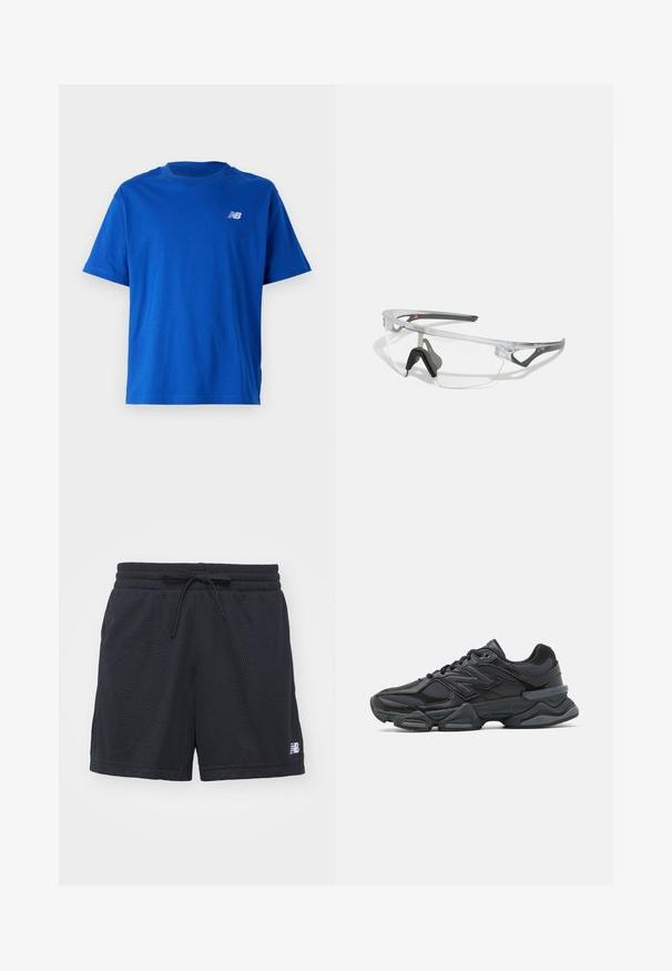 Mėlynas medvilninis marškinėliai su apvaliu iškirpimu ir trumpomis rankovėmis. Ant krūtinės yra mažas baltas "NB" logotipas. Paprastas dizainas, be raštų.; Juodi tinkliniai sportiniai šortai su elastinga juosta, kurią galima reguliuoti raiščiu, ir mažas baltas logotipas apatiniame dešiniajame kampe.; Juodas bėgimo batelis, pagamintas iš tinklinės ir sintetinės medžiagos, turintis stambų pado dizainą, kreivą formą ir ryškią prekės ženklą šone.; Skaidrūs saugos akiniai su lengvu, skaidriu rėmeliu ir pilkiais akcentais. Yra apvalinimo dizainas ir reguliuojama nosies atrama.
