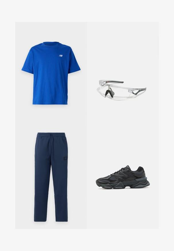 Blue cotton t-shirt with a round neckline and short sleeves. Features a small white "NB" logo on the chest. Simple design, no patterns.; Navy blue jogger pants made of soft cotton blend, featuring an elastic waistband with drawstring and a small branded patch on the hip.; Black running shoe featuring a mix of mesh and synthetic materials, chunky sole, curved design, and prominent branding on the side.; Clear safety glasses with a lightweight, transparent frame and gray accents. Features a wraparound design and adjustable nosepiece.