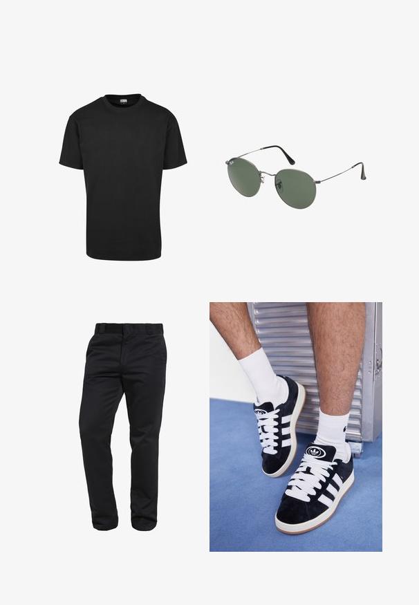 Must-valge puuvillane T-särk ümmarguse kaeluse, lühikeste varrukate ja sirge äärisega. Sile tekstuur; lihtne, ilma kaunistusteta disain.; Mustad sirged püksid, mis on valmistatud siledast kangast, millel on vihje aukud ja esiküljel taskud, puhas ja kohandatud siluett.; Mustad nahkjalatsid valgete paelte ja kolme valge triibuga. Omab ümmargust musta logo keele peal ning kummist tallat.; Metallist raamistikuga prillid ovaalsete roheliste läätsedega. Õhuke hõbedane metallraam ja mustad kõrvakatted. Minimalistlik disain, nähtavad logod puuduvad.