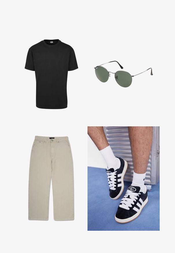 Must-valge puuvillane T-särk ümmarguse kaeluse, lühikeste varrukate ja sirge äärisega. Sile tekstuur; lihtne, ilma kaunistusteta disain.; Beige sirgedega püksid, mis on valmistatud puuvillast. Omavad kahte esist taskut ja väikest tagataskut. Kahekordne õmblus tõstab vastupidavust.; Mustad nahkjalatsid valgete paelte ja kolme valge triibuga. Omab ümmargust musta logo keele peal ning kummist tallat.; Metallist raamistikuga prillid ovaalsete roheliste läätsedega. Õhuke hõbedane metallraam ja mustad kõrvakatted. Minimalistlik disain, nähtavad logod puuduvad.