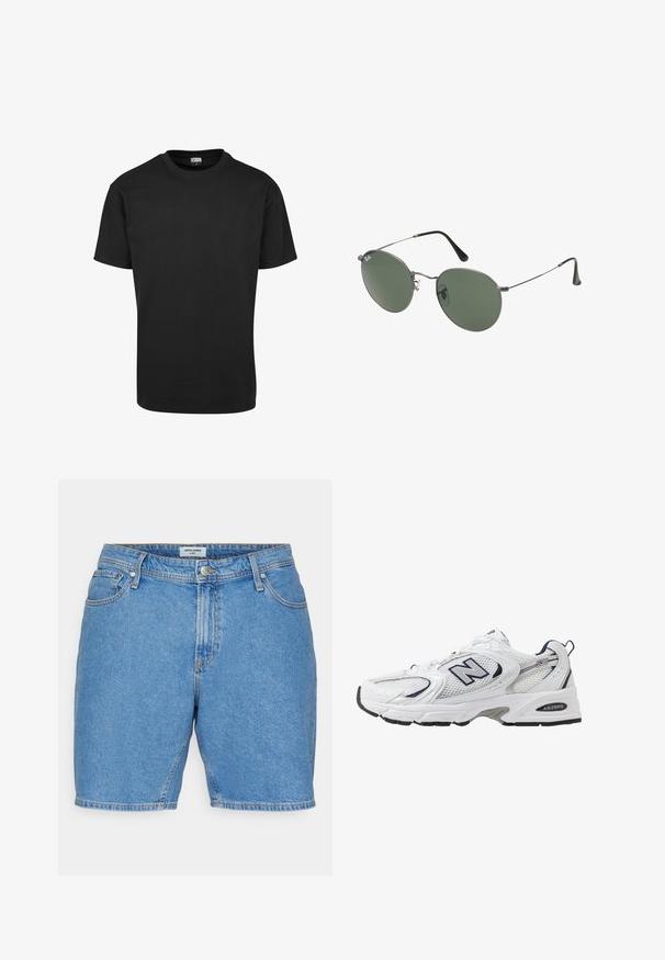 Svart bomull T-skjorte med rund hals, korte ermer og rett kant. Glatt tekstur; enkel, uprydet design.; Jack & Jones JJITONY JJORIGINAL - Jeansshorts - blue denim; Hvit sportsko med mesh-overdel, marineblå accenter og polstret såle. Har "N"-logo, lisser og teksturert detalj på siden.; Metallinnrammede solbriller med ovale grønne linser. Tynn sølvfarget metallramme og svarte øreplugger. Minimalistisk design, ingen synlige logoer.