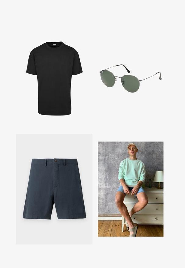 Must-valge puuvillane T-särk ümmarguse kaeluse, lühikeste varrukate ja sirge äärisega. Sile tekstuur; lihtne, ilma kaunistusteta disain.; Tumedatest sinised lühikesed püksid, mis on valmistatud puuvilla segu kangast, paelise kinnitusega, küljetaskute ja sirge jala disainiga.; Mündroheline sviiter, teksased lühikesed püksid ja oliivrohelised libisemisega kingad. Istub heledate toonidega kummutiga, mis on halli tekstureeritud seina vastu.; Metallist raamistikuga prillid ovaalsete roheliste läätsedega. Õhuke hõbedane metallraam ja mustad kõrvakatted. Minimalistlik disain, nähtavad logod puuduvad.