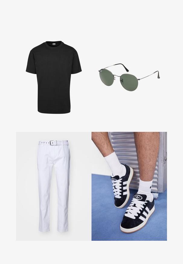 Fekete pamut póló kerek nyakkivágással, rövid ujjakkal és egyenes aljjal. Simaság jellemzi; egyszerű, díszítetlen dizájn.; Fehér pamut nadrág egyenes szabással, textúrált anyaggal, övbucskákkal és ezüst hardware elemekkel rendelkező, hozzá illő övvel.; Fekete velúr sportcipők fehér fűzőkkel és három fehér csíkkal. A nyelvén egy kör alakú fekete logó található, valamint egy gumis talp.; Fémkeretes napszemüveg ovális zöld lencsékkel. Vékony ezüst színű fémkeret és fekete fülrész. Minimalista dizájn, látható logók nélkül.