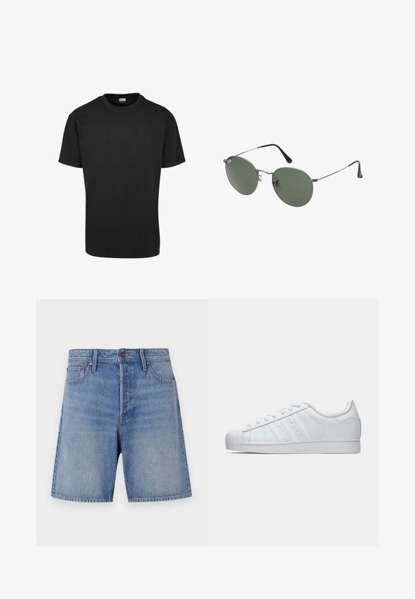 Camiseta de algodón negra con cuello redondo, mangas cortas y dobladillo recto. Textura suave; diseño sencillo y sin adornos.; Shorts de mezclilla en azul claro, con una cintura alta, diseño tradicional de cinco bolsillos y costuras en contraste a lo largo de las costuras.; Zapatillas de cuero blancas con una punta de goma texturizada, tres rayas laterales y un collar acolchado. Cuerdas planas blancas y un diseño minimalista.; Gafas de sol con marco de metal y lentes ovalados verdes. Marco delgado de metal plateado y puntas de las orejas negras. Diseño minimalista, sin logotipos visibles.