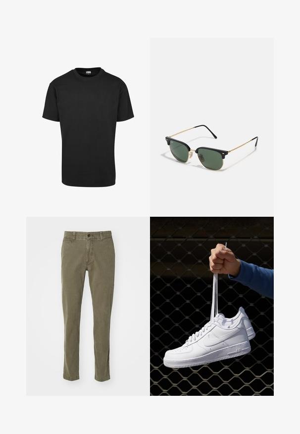 Tricou din bumbac negru cu guler rotund, mâneci scurte și tiv drept. Textură netedă; design simplu, nepornit.; Pantaloni verzi măslinii din bumbac, cu un design drept, cinci buzunare și închidere cu un singur buton la talie.; Adidași albaștri din piele cu perforații, vârf rotund, talpă plată și șireturi groase, cu un logo swoosh vizibil și cu inscripția "AIR" pe toc.; Ochelari de soare cu lentile verzi, ramă superioară din plastic negru, accente metalice aurii și brațe subțiri din plastic negru. Prezintă un design distinctiv al punții.; Geantă dintr-un material textil negru, cu un model texturat și matlasat. Formă rotundă, mânere scurte și groase, și o structură moale, flexibilă.