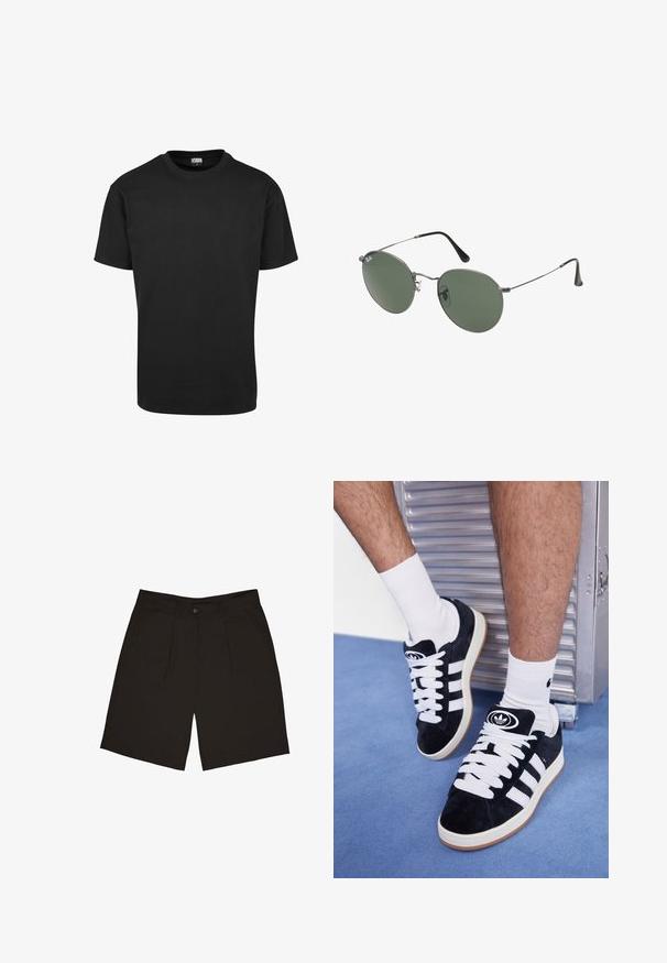 Schwarzes Baumwoll-T-Shirt mit Rundhalsausschnitt, kurzen Ärmeln und geradem Saum. Glatte Textur; schlichtes, ungeschmücktes Design.; Schwarze Shorts aus einem glatten Stoff, mit einem einzigen Knopf an der Vorderseite, Falten und Seitentaschen, entworfen für eine lockere Passform.; Schwarze Wildledersneaker mit weißen Schnürsenkeln und drei weißen Streifen. Verfügt über ein kreisförmiges schwarzes Logo auf der Zunge und eine Gummisohle.; Metallgestellte Sonnenbrille mit ovalen grünen Gläsern. Dünner silberner Metallrahmen und schwarze Ohrstücke. Minimalistisches Design, keine sichtbaren Logos.