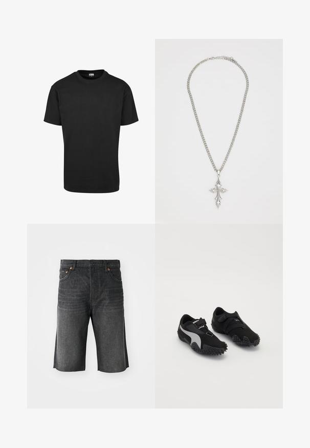 Must-valge puuvillane T-särk ümmarguse kaeluse, lühikeste varrukate ja sirge äärisega. Sile tekstuur; lihtne, ilma kaunistusteta disain.; Tumed hallid teksashortsid, sirge lõikega, viie tasku ja oranž õmblus ees. Puhtad servad hõlmade lõpus.; Mustad mustadussid tekstuursete talladega, sleek siluett ja halli aksentdisain; varustatud kindla kinnitusrihmaga ja paeltega sulgemisega.; Hõbedane ketigael, millel on suur, dekoratiivne risti ripats teravate aktsentidega ja poleeritud viimistlusega. Kett on paks ja lamemine.