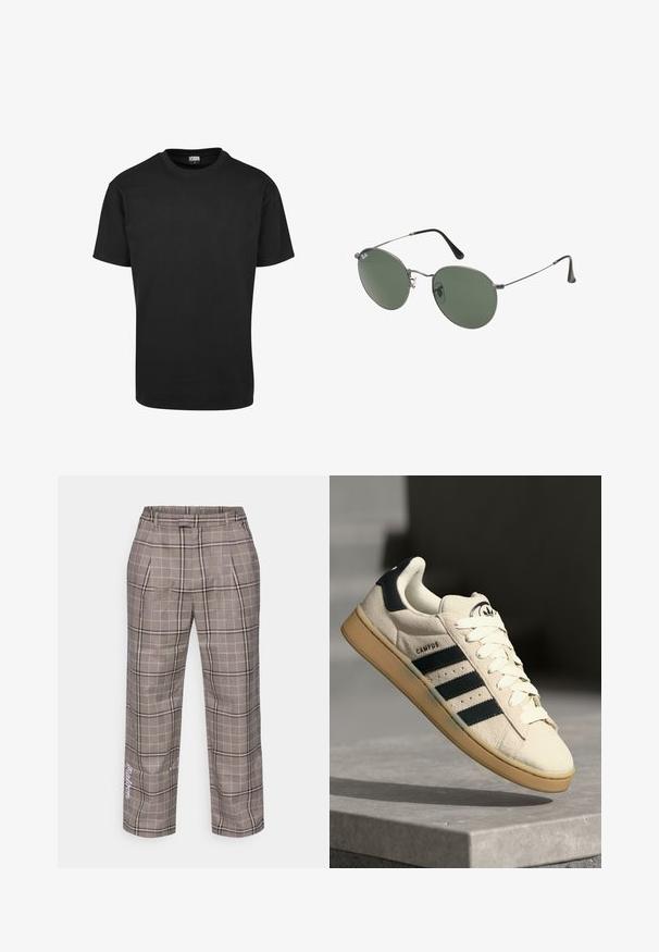 Černé bavlněné tričko s kulatým výstřihem, krátkými rukávy a rovnými lemy. Hladká textura; jednoduchý, zdobený design.; Šedé kostkované kalhoty s volným střihem, s kostkovaným vzorem v světle béžové a černé barvě a bočními kapsami. Doplněné bílým nápisem.; Béžové semišové tenisky s třemi tmavě modrými pruhy, bílými tkaničkami a hnědou gumovou podrážkou. Obsahují logo na jazyku a nápis "CAMPUS".; Sluneční brýle s kovovým rámem a oválnými zelenými skly. Tenký stříbrný kovový rám a černé chrániče uší. Minimalistický design, žádné viditelné logo.