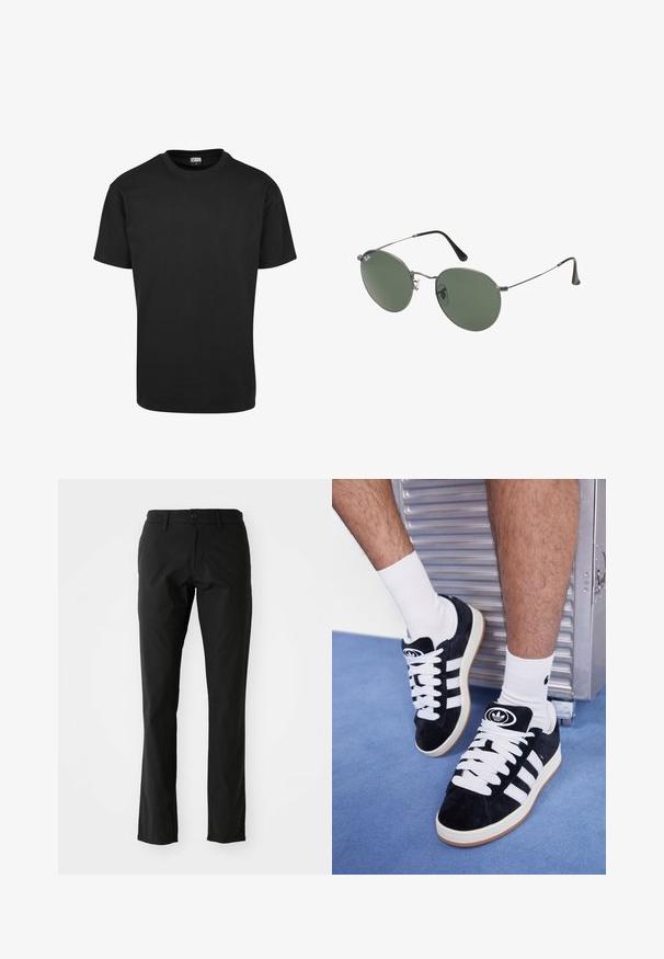 Schwarzes Baumwoll-T-Shirt mit Rundhalsausschnitt, kurzen Ärmeln und geradem Saum. Glatte Textur; schlichtes, ungeschmücktes Design.; Schwarze Hose aus leichtem Stoff, mit geradem Bein Design, vorderem Knopfverschluss und seitlichen Taschen. Glatte Textur.; Schwarze Wildledersneaker mit weißen Schnürsenkeln und drei weißen Streifen. Verfügt über ein kreisförmiges schwarzes Logo auf der Zunge und eine Gummisohle.; Metallgestellte Sonnenbrille mit ovalen grünen Gläsern. Dünner silberner Metallrahmen und schwarze Ohrstücke. Minimalistisches Design, keine sichtbaren Logos.