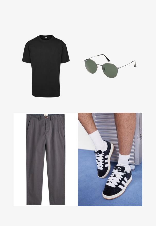 Black cotton T-shirt with a crew neckline, short sleeves, and a straight hem. Smooth texture; simple, unadorned design.; Gray cotton trousers featuring a straight-leg cut, button closure, and side pockets. Smooth texture with subtle stitching details.; Black suede sneakers with white laces and three white stripes. Features a circular black logo on the tongue and a gum rubber sole.; Metal-framed sunglasses with oval green lenses. Thin silver metal frame and black ear tips. Minimalist design, no visible logos.