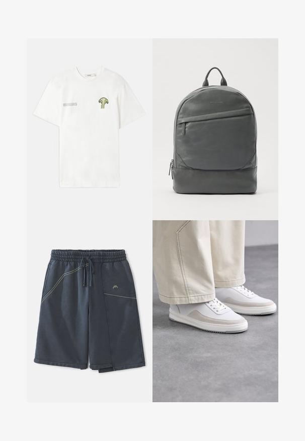 Biała bawełniana koszulka z zieloną grafiką brokuła na lewej piersi oraz nadrukowanym tekstem po prawej stronie. Krótkie rękawy, okrągły dekolt.; Ciemnoszare szorty wykonane z mieszanki bawełny, z elastycznym pasem, sznurkiem, bocznymi kieszeniami i akcentami w żółtym kolorze.; Białe sneakersy z gładką skórzaną cholewką, beżowymi zamszowymi akcentami, płaskimi sznurówkami i teksturowaną gumową podeszwą, w połączeniu z jasnymi, szerokimi spodniami.; Szara skórzana plecak o zaokrąglonym kształcie, z przednią kieszenią na zamek błyskawiczny i górnym uchwytem. Gładka faktura z akcentami szwów i minimalnym brandingiem.
