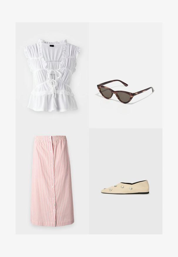 Balta blūze ar frillētām īsām piedurknēm, teksturētu audumu, dziļu V veida izgriezumu ar saišu priekšpusē un pakāpeniskām frillēm ap apakšmalu.; Svārki ar svītrām baltā krāsā ar sarkanām vertikālām svītrām, ar elastīgu jostu, priekšējiem pogām un taisnu griezumu, līdz ceļiem.; CLOSED Balerīnas laiviņas - ecru; Kaķa acs saulesbrilles ar tumšiem objektīviem un bruņurupuča rakstu. Izgatavotas no viegla plastika, ar šaurām kājām un logotipa detāli.; Austēta auduma rokassoma olīvu zaļā krāsā ar plašu, noapaļotu formu un vienu pagarinātu roku pārnēsāšanai. Tekstūrēta virsma.