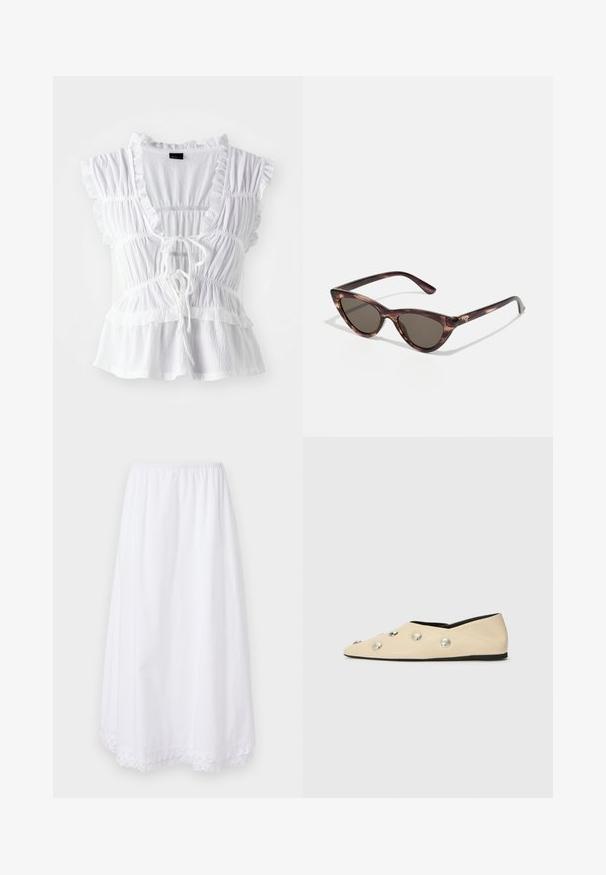 White blouse featuring ruffled short sleeves, textured fabric, a deep V-neck with a tie front, and tiered frill detailing at the hem.; White cotton skirt with an elastic waistband and a lace trim at the hem, featuring a flowing, knee-length design.; CLOSED Ballet pumps - ecru; Cat-eye sunglasses with dark lenses and a tortoiseshell pattern. Made from lightweight plastic, featuring slender temples and logo detail.; Woven fabric handbag in olive green with a spacious, rounded shape and a single, elongated handle for carrying. Textured surface.