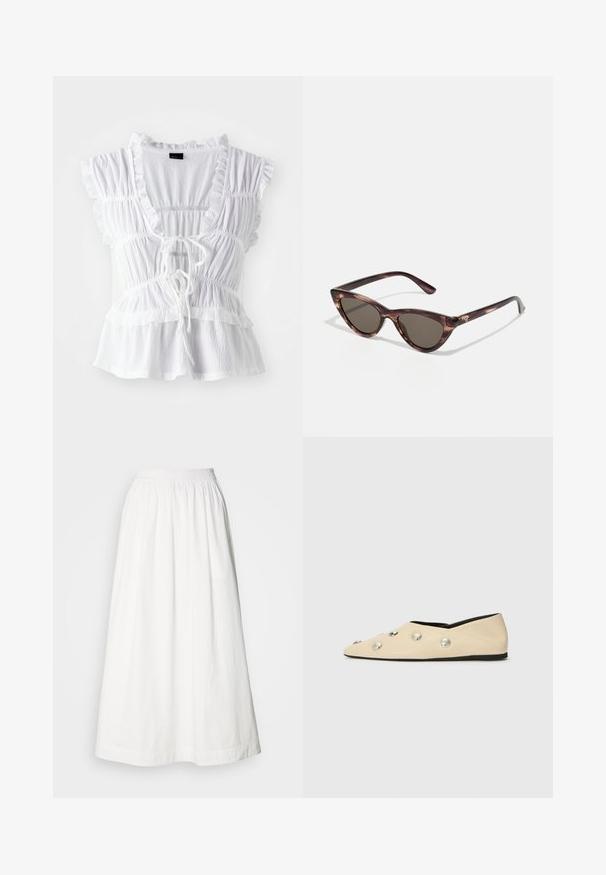 Biela blúzka s volánovými krátkymi rukávmi, textúrovanou tkaninou, hlbokým V-výstrihom so zaväzovaním vpredu a vrstvenými volánmi na spodnom leme.; Biely maxi sukňa vyrobená z ľahkej látky, s gumičkovým pásom a voľným siluetou bez viditeľných vzorov.; CLOSED Balerínky - ecru; Slnečné okuliare v tvare mačacích očí s tmavými sklami a kostnatým vzorom. Vyrobené z ľahkého plastu, so štíhlymi stranami a detailom loga.