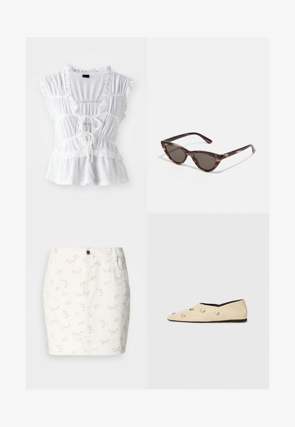 Bluză albă cu mâneci scurte cu volane, țesătură texturată, decolteu adânc în V cu șnur în față și detalii cu volane stratificate la tiv.; Fustă din denim alb cu un model floral în nuanțe de roz și verde, având închidere cu nasturi în față și buzunare laterale. Design de lungime scurtă.; CLOSED Balerini - ecru; Ochelari de soare tip cat-eye cu lentile întunecate și un model de broască țestoasă. Fabricate din plastic ușor, având temple subțiri și detalii cu logo.