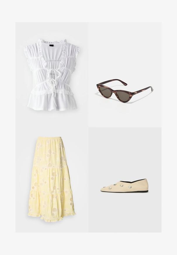 Biela blúzka s volánovými krátkymi rukávmi, textúrovanou tkaninou, hlbokým V-výstrihom so zaväzovaním vpredu a vrstvenými volánmi na spodnom leme.; Žltá, viacúrovňová sukňa vyrobená z ľahkej tkaniny, s kvetinovými vzormi a kruhovými výrezmi. Elastický pás a čipkový lem na dolnom okraji.; CLOSED Balerínky - ecru; Slnečné okuliare v tvare mačacích očí s tmavými sklami a kostnatým vzorom. Vyrobené z ľahkého plastu, so štíhlymi stranami a detailom loga.; Tkaná textilná taška olivovej farby s priestranným, zaobleným tvarom a jedným predĺženým uchom na nosenie. Štruktúrovaný povrch.