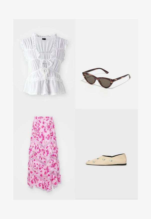 White blouse featuring ruffled short sleeves, textured fabric, a deep V-neck with a tie front, and tiered frill detailing at the hem.; Cras DAPHNE SKIRT - Maxi skirt - pink; CLOSED Ballet pumps - ecru; Cat-eye sunglasses with dark lenses and a tortoiseshell pattern. Made from lightweight plastic, featuring slender temples and logo detail.; Woven fabric handbag in olive green with a spacious, rounded shape and a single, elongated handle for carrying. Textured surface.