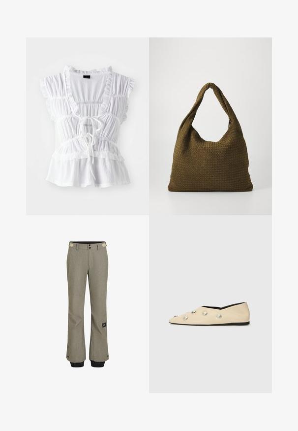 Weißes Blusenshirt mit rüschierten kurzen Ärmeln, strukturiertem Stoff, tiefem V-Ausschnitt mit Bindeband und gestuften Fransenverzierungen am Saum.; Helle grau Ski-Hosen mit strukturierter Oberfläche, ausgestattet mit schwarzen elastischen Bündchen, zwei Knöpfen und einem seitlichen Logo-Patch.; CLOSED Klassischer Ballerina - ecru; Gewebte Handtasche in Olivgrün mit einer geräumigen, runden Form und einem einzelnen, verlängerten Tragegriff. Strukturiere Oberfläche.